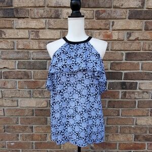 Michael Kors Blue Floral Sleeves Crew Neck Top